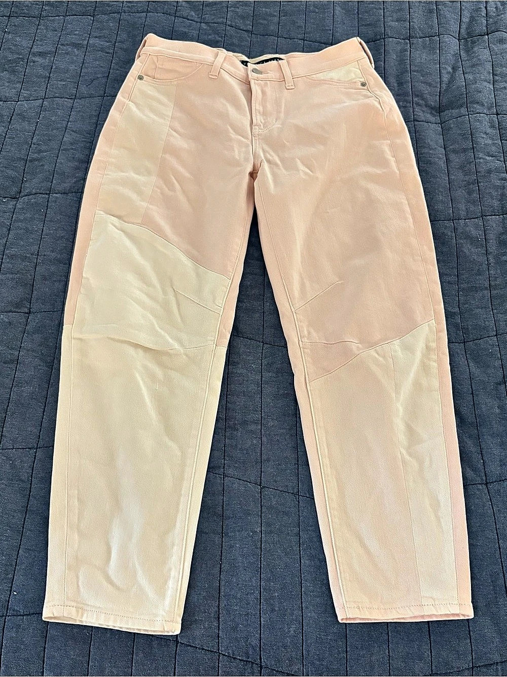 Veronica Beard Charlie Barrel Leg High Rise Blush Pink and Cream Color Block Jea